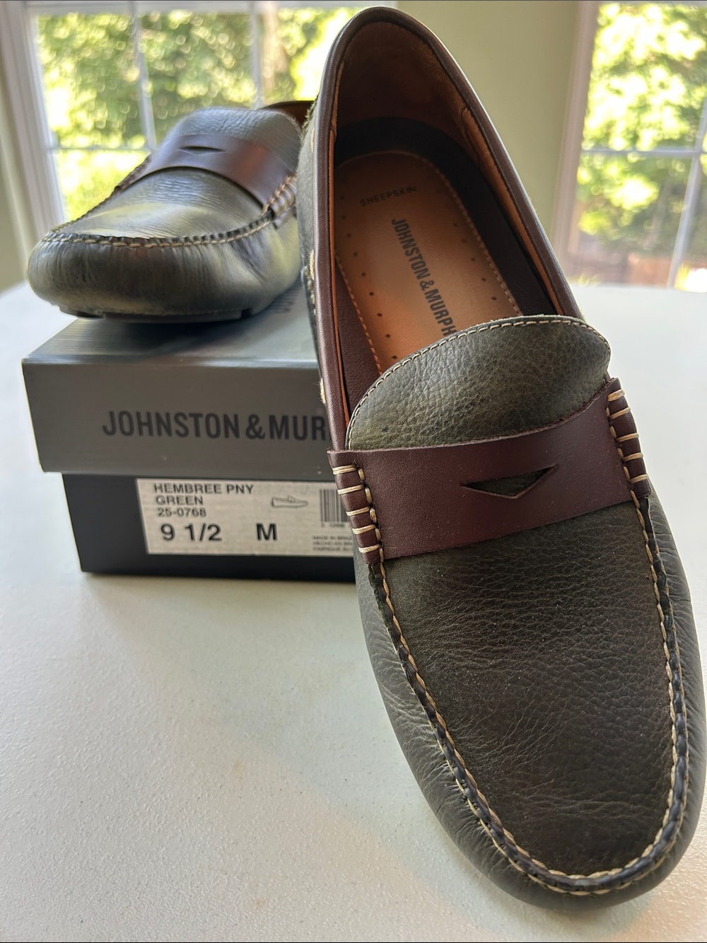 Johnston & Murphy Hembree Green Leather Penny Loafers with Brown Strap